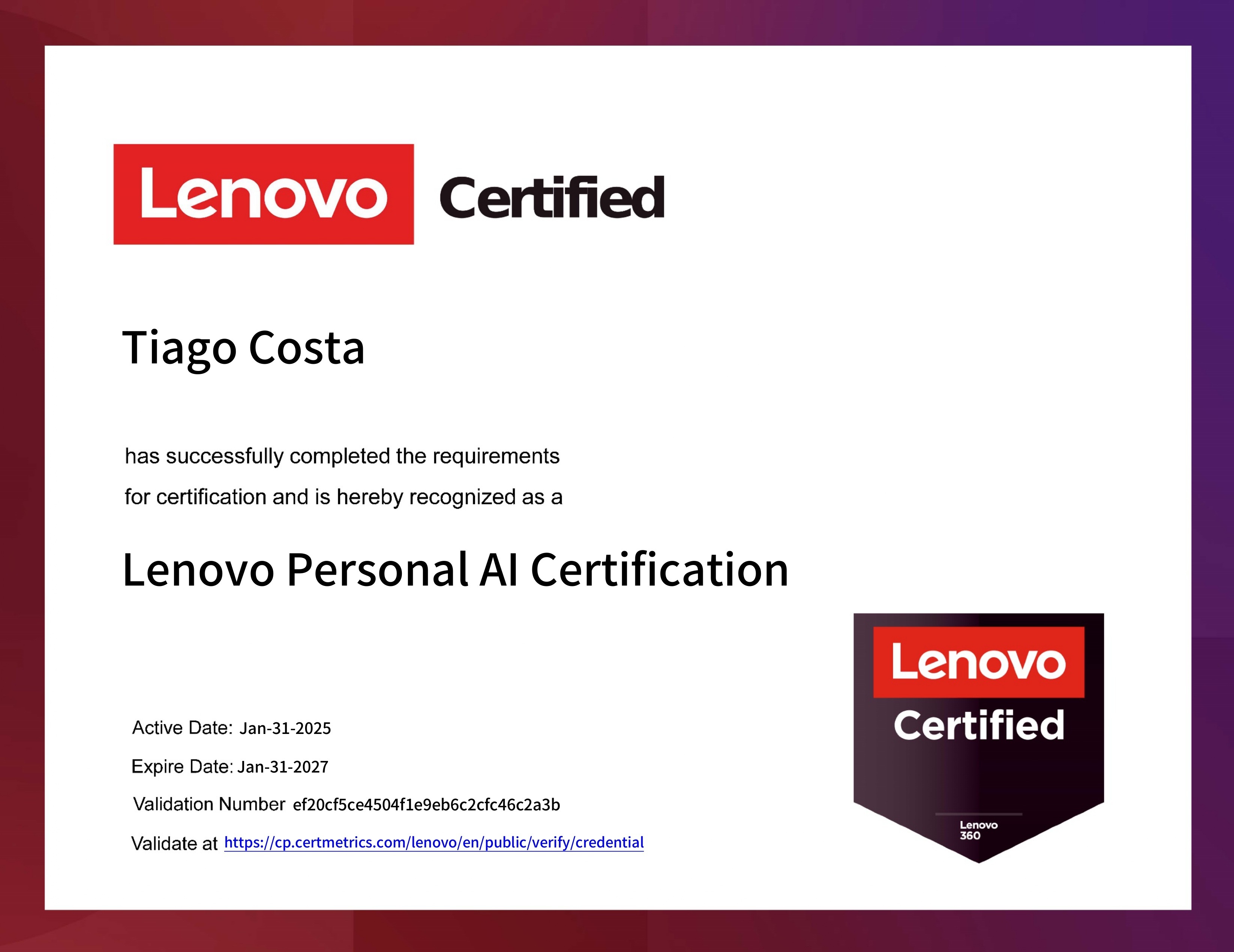 Lenovo Personal AI Certification certificate page 0001